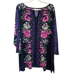 Susan Graver Liquid Knit 3X Multicolor Floral Tunic Top 3/4 Sleeve Metal Detail